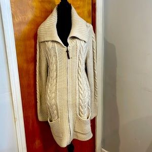 Long knit zip up cable sweater sz L warm & cozy great with boots.